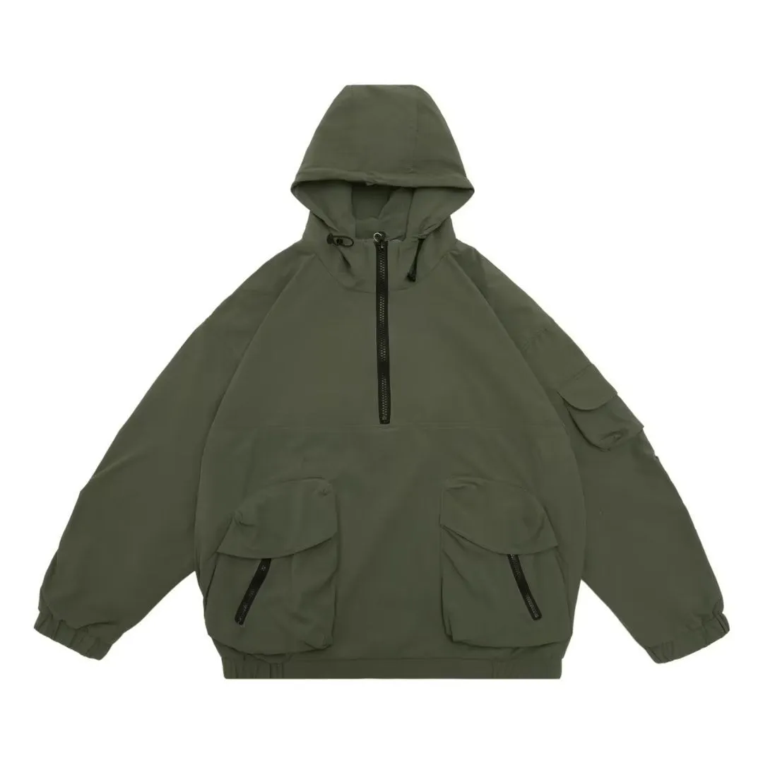 Oversized style Breathable mesh lining Top Hooded Jacket Loose Half Zip Windbreaker Workwear