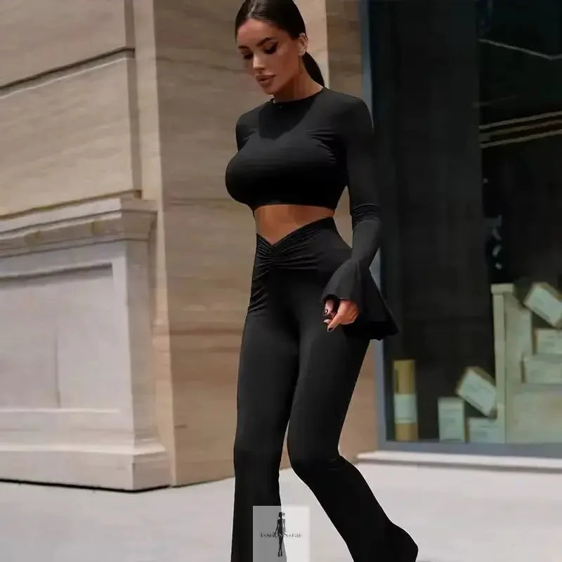 Classy Fit Crop Tops Flare Pants Matching with Ruffle Detail