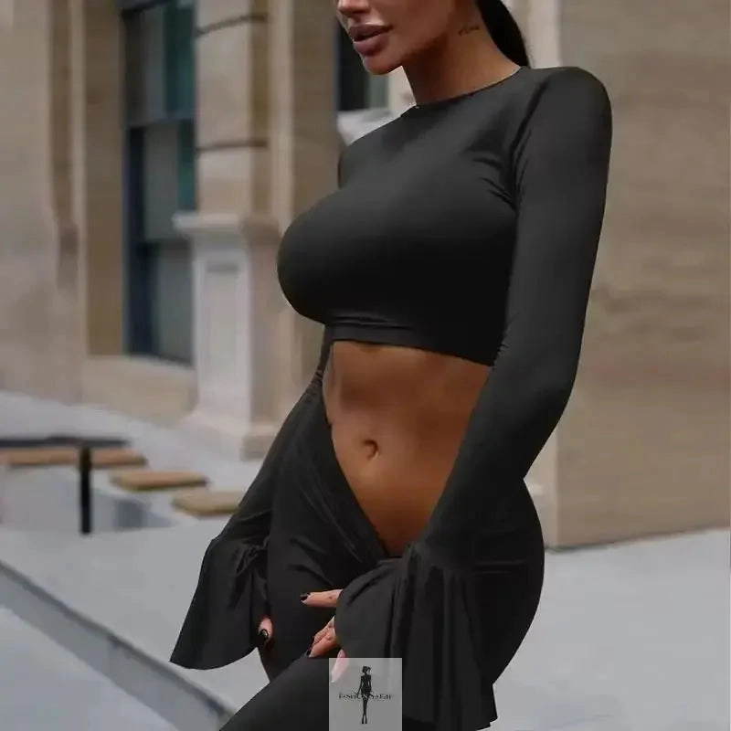 Crop Tops Flare Pants Matching with Ruffle Detail Breathable Material