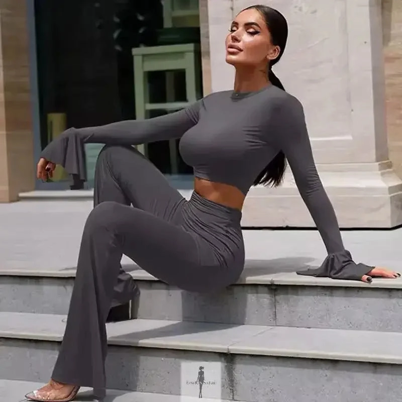 Reversible design Crop Tops Flare Pants Matching with Ruffle Detail