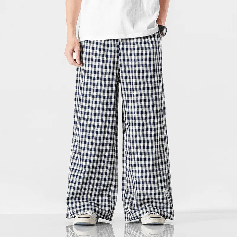 Sporty Function Trendy Look Summer plus Size Chinese Style Cotton and Linen Plaid Baggy Pants