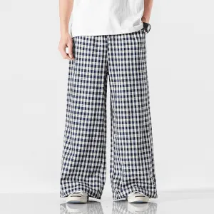 Casual Stretch Wear Durable Utility Summer plus Size Chinese Style Cotton and Linen Plaid Baggy Pants