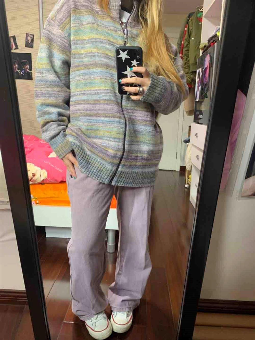 Breathable Fit Rainbow Striped Retro Stand Collar Zipper Sweater Cardigan Coat