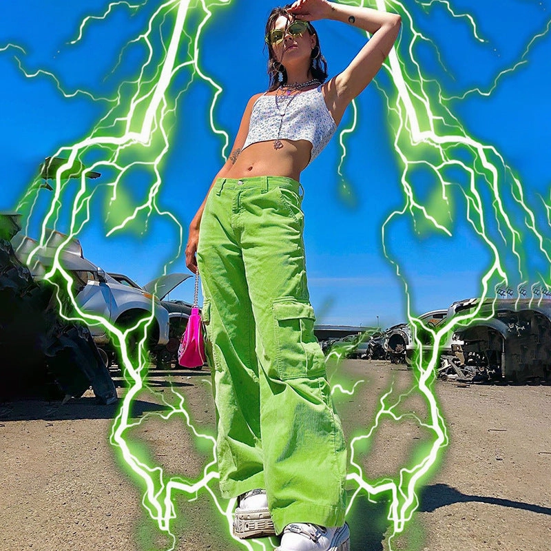 Rapcopter Green Corduroy Pants For Women Big Pockets Cargo Pants Y2K Retro Style Trousers Autumn Winter High Waist Pants 90S sport chic