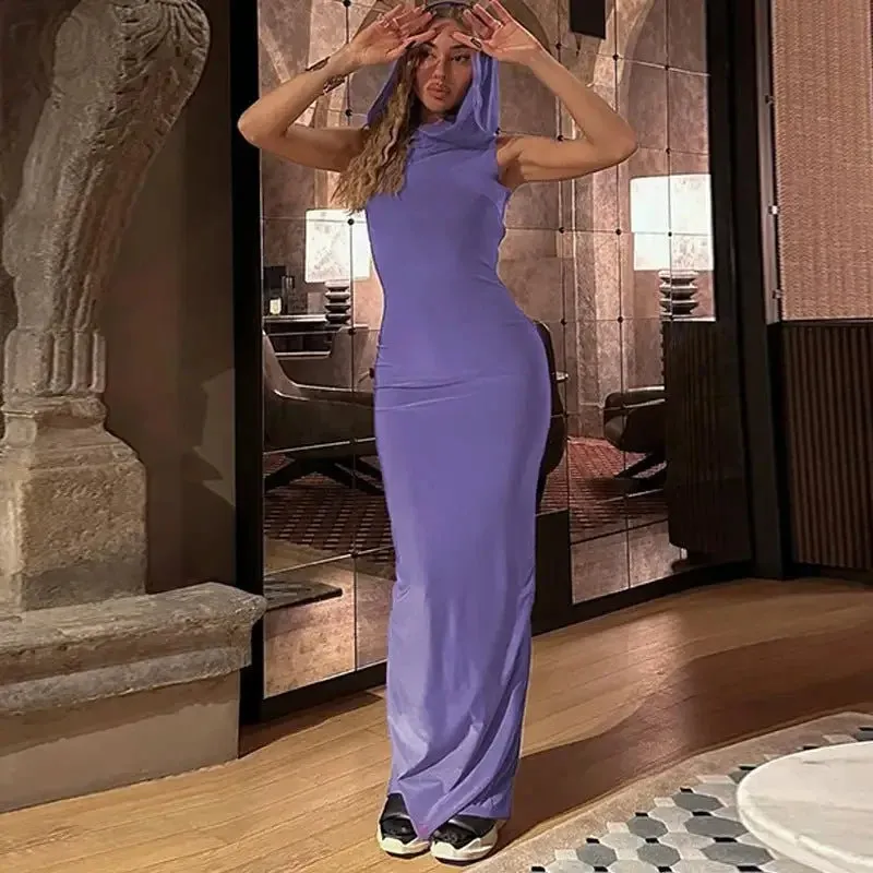 Hooded Sleeveless Maxi Dress Clear Mind