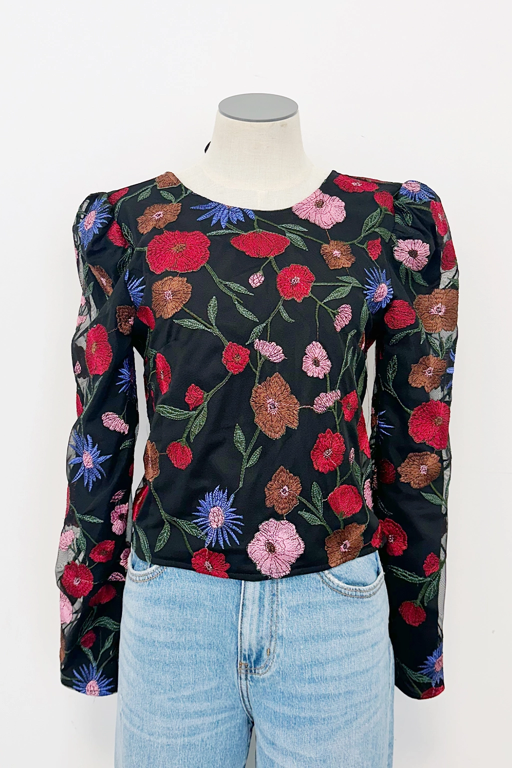 High Collar Design Linen Blend Fabric Cobain Mesh Top