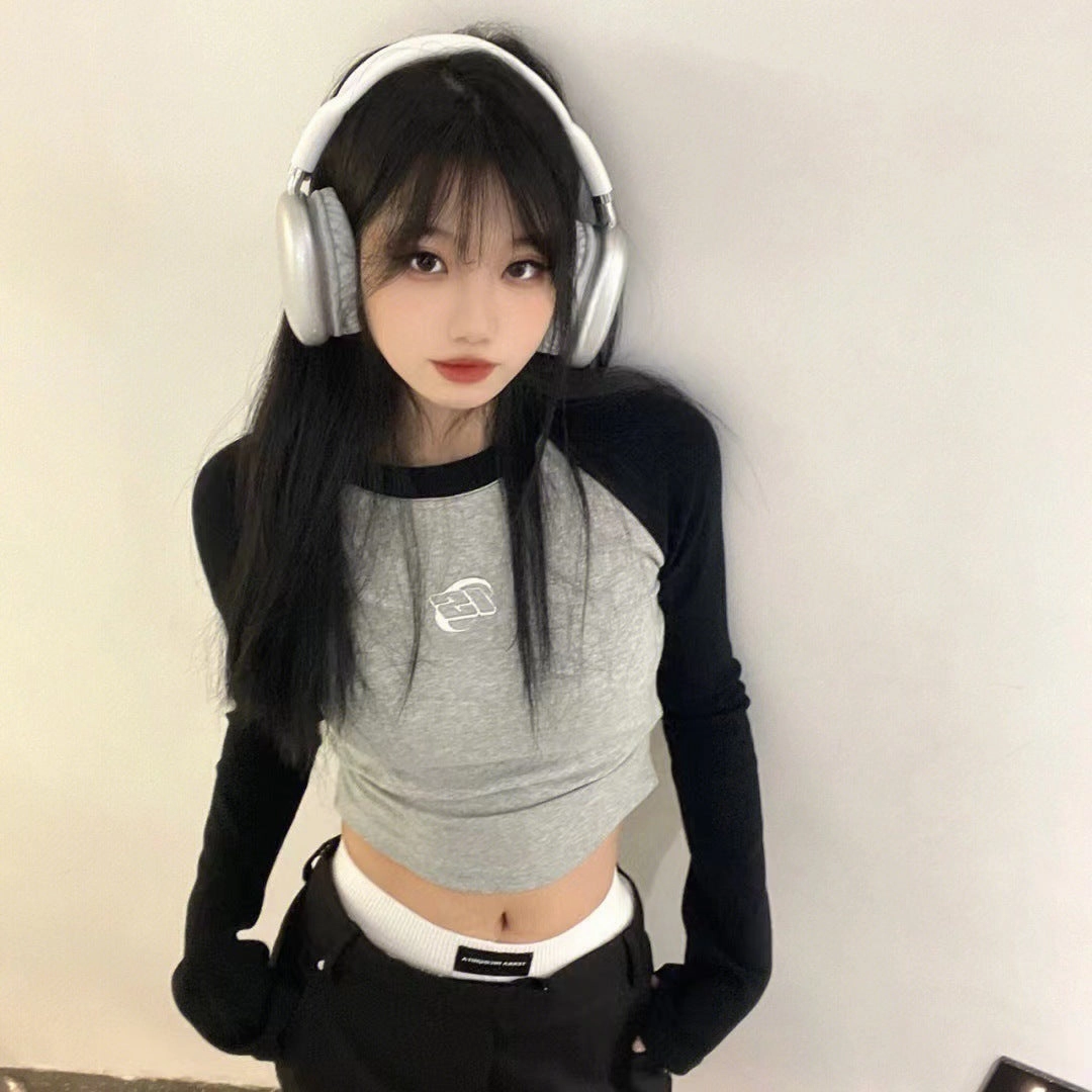 Autumn And Winter Korean Style Sense Of Design Raglan Sleeve Black And Gray Contrast Color Long Sleeves Women Summer Vibes
