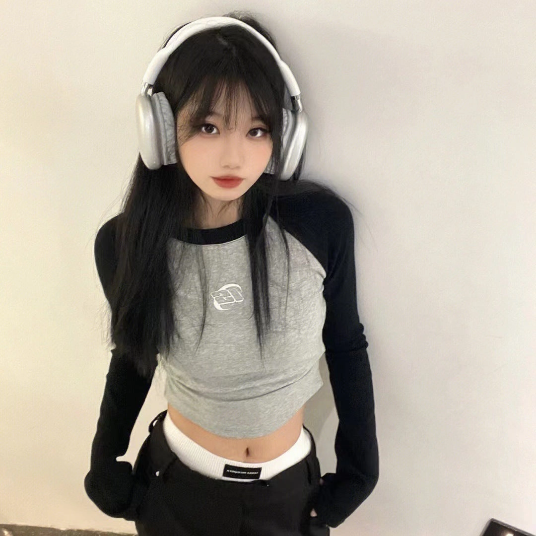 Autumn And Winter Korean Style Sense Of Design Raglan Sleeve Black And Gray Contrast Color Long Sleeves Women shopping spree Easy Fit