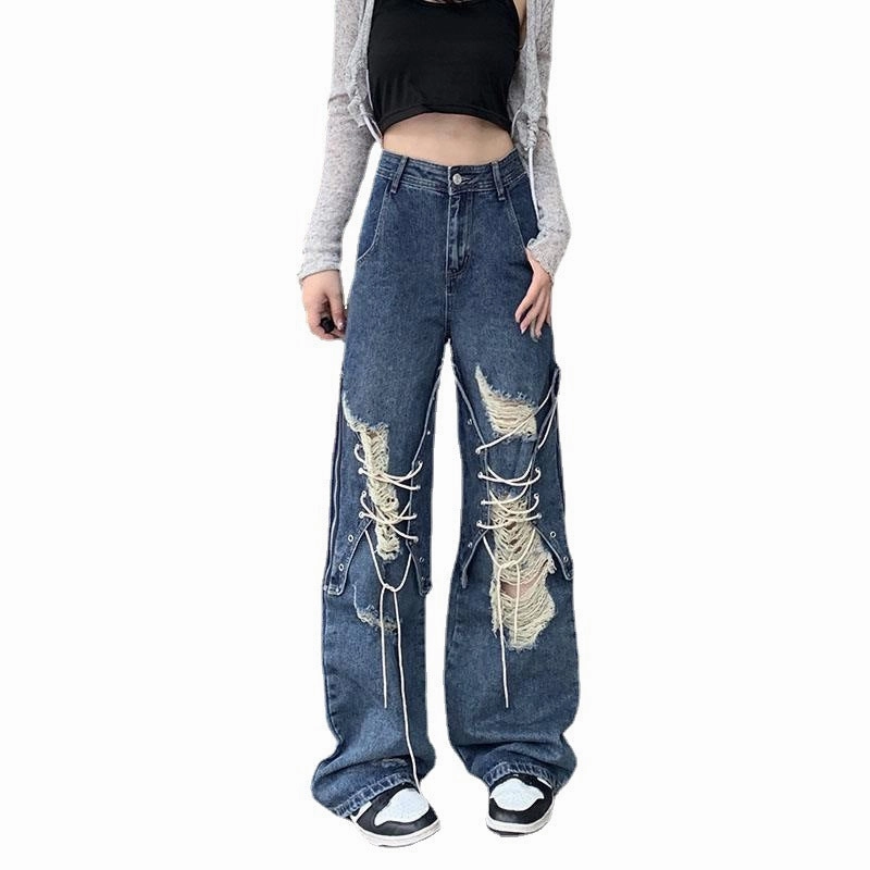 Basic Necessity Couple Look Lightweight Ripped Lace-up Denim Women's High Waist Straight Wide Leg Pants