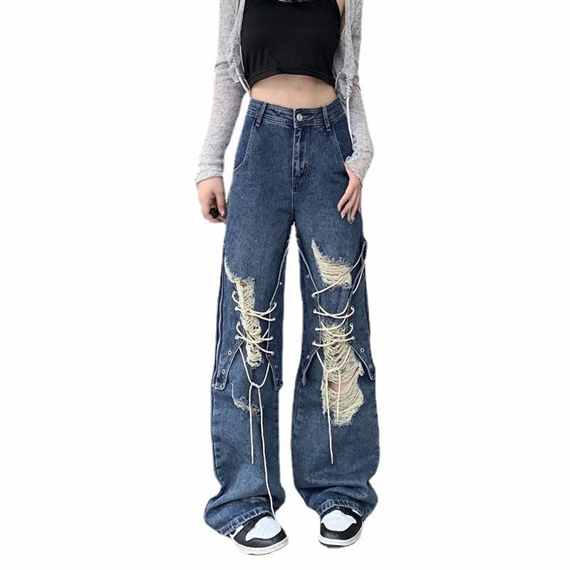 Street Mood Effortless Style Ripped Lace-up Denim Women's High Waist Straight Wide Leg Pants