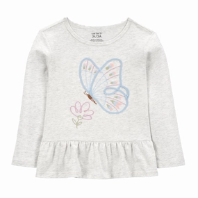WrinkleFree Finish Toddler Girls' Butterfly Jersey Long-Sleeve Peplum Top - Grey 2S013010