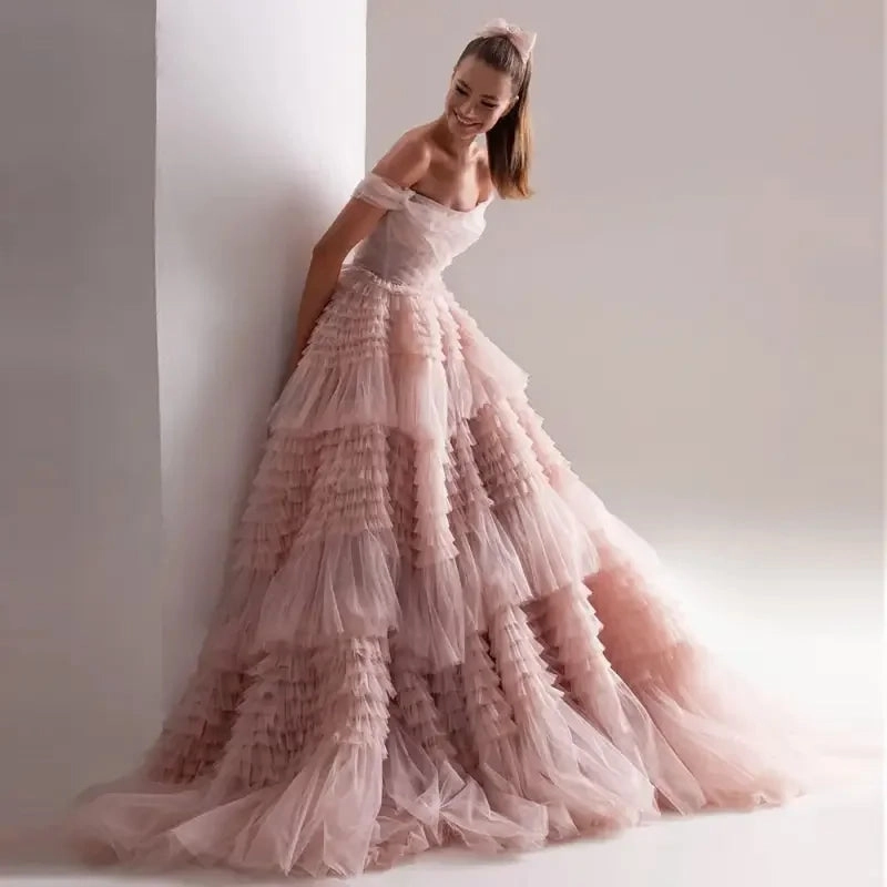 Decorative-Design Rent Pink Off Shoulder Ruffles Wedding Dress
