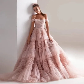 Rent Pink Off Shoulder Ruffles Wedding Dress Quiet Sweet