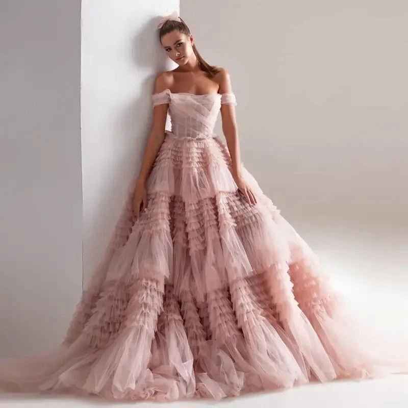 Rent Pink Off Shoulder Ruffles Wedding Dress Quiet Sweet