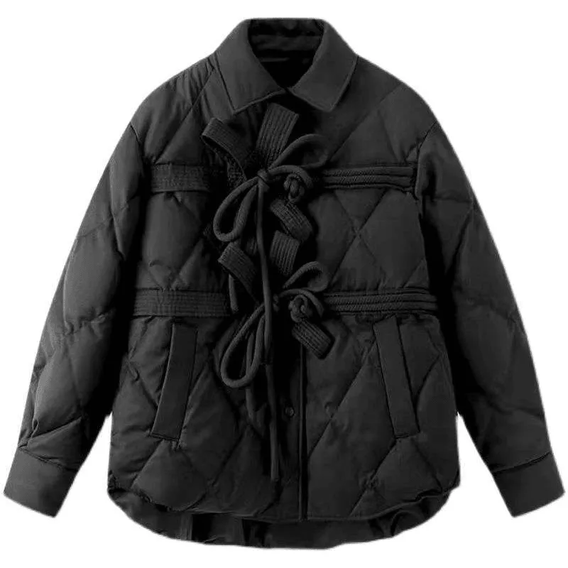 Retro Chinese Style Buckle Bow Tie Design Cotton Jacket Durable Water Repellent Finish