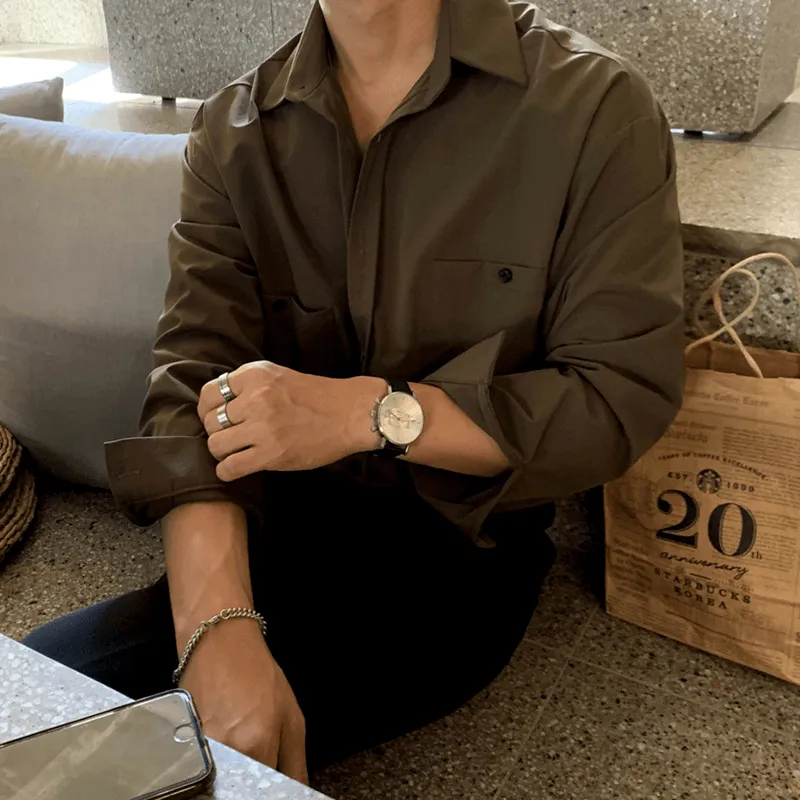 Retro Simple Korean Style Men'S Long-Sleeved Shirt Casual Elegance