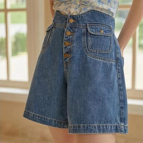hip look Sweat Wicking Lining Retro High-Waist Denim Shorts