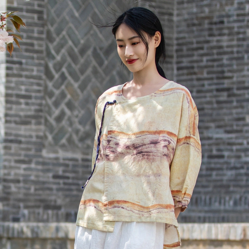 Professional Look Fitted Design Retro Crew Neck Linen Printed Diagonal Buckle Zen Shirt