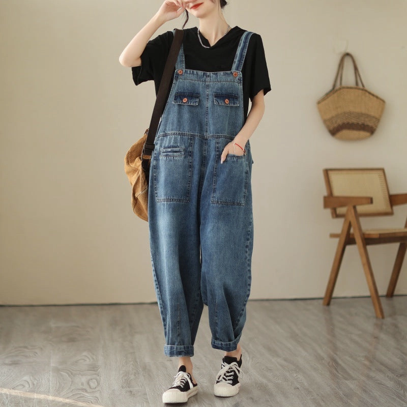 fade resistant color Breathable Minimalist New Real Time Denim Casual Strap Pants For Women