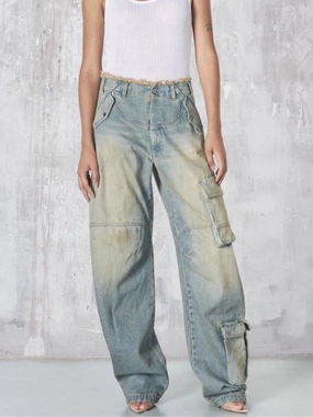 Street Pocket Jeans Women's High Street Retro Overalls No Gap Waistband