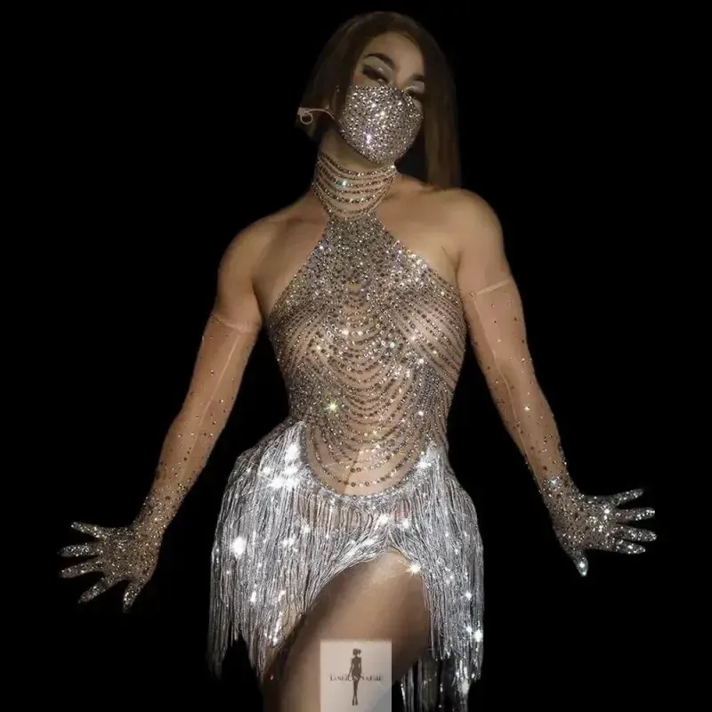 AdjustableWaist DurableStitching Rhinestone Transparent Dress with Gloves and Mask