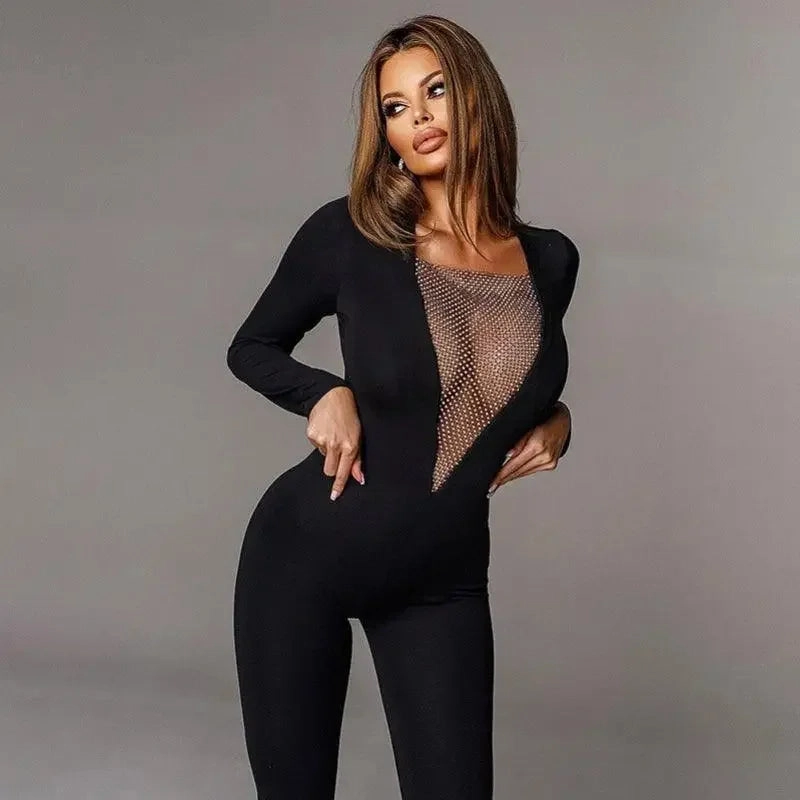 Breathable Natural Rhinestone Elegant Jumpsuit