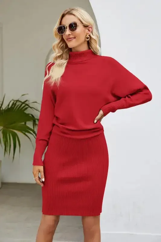Ribbed Mock Neck Long Sleeve Dress Aerated Seam Placement