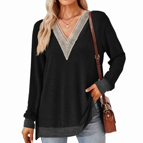Women's Fashion V-neck Lace Solid Color Loose-fitting T-shirt Top Button Down Design Go-To Look