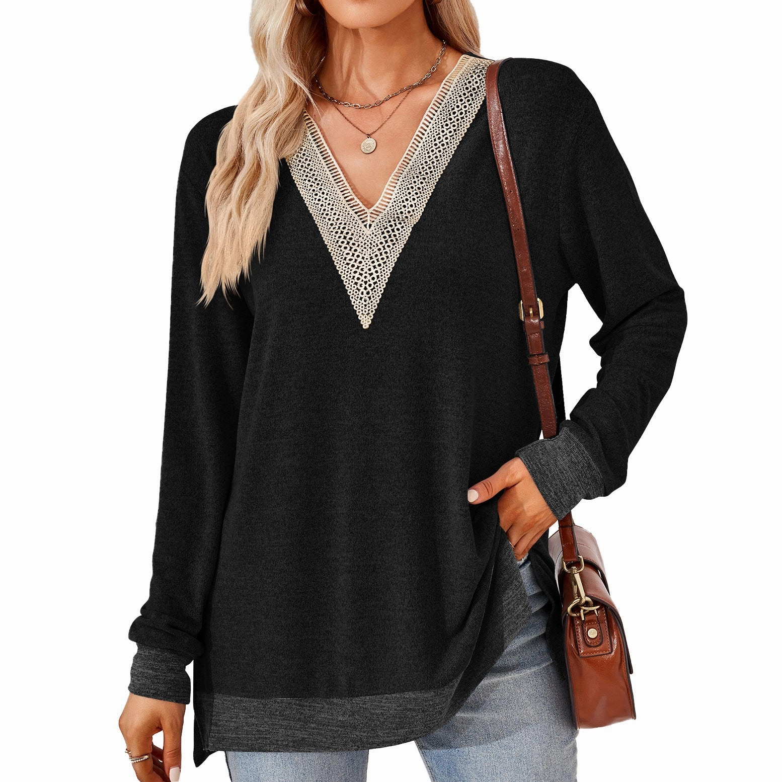 Women's Fashion V-neck Lace Solid Color Loose-fitting T-shirt Top Button Down Design Go-To Look