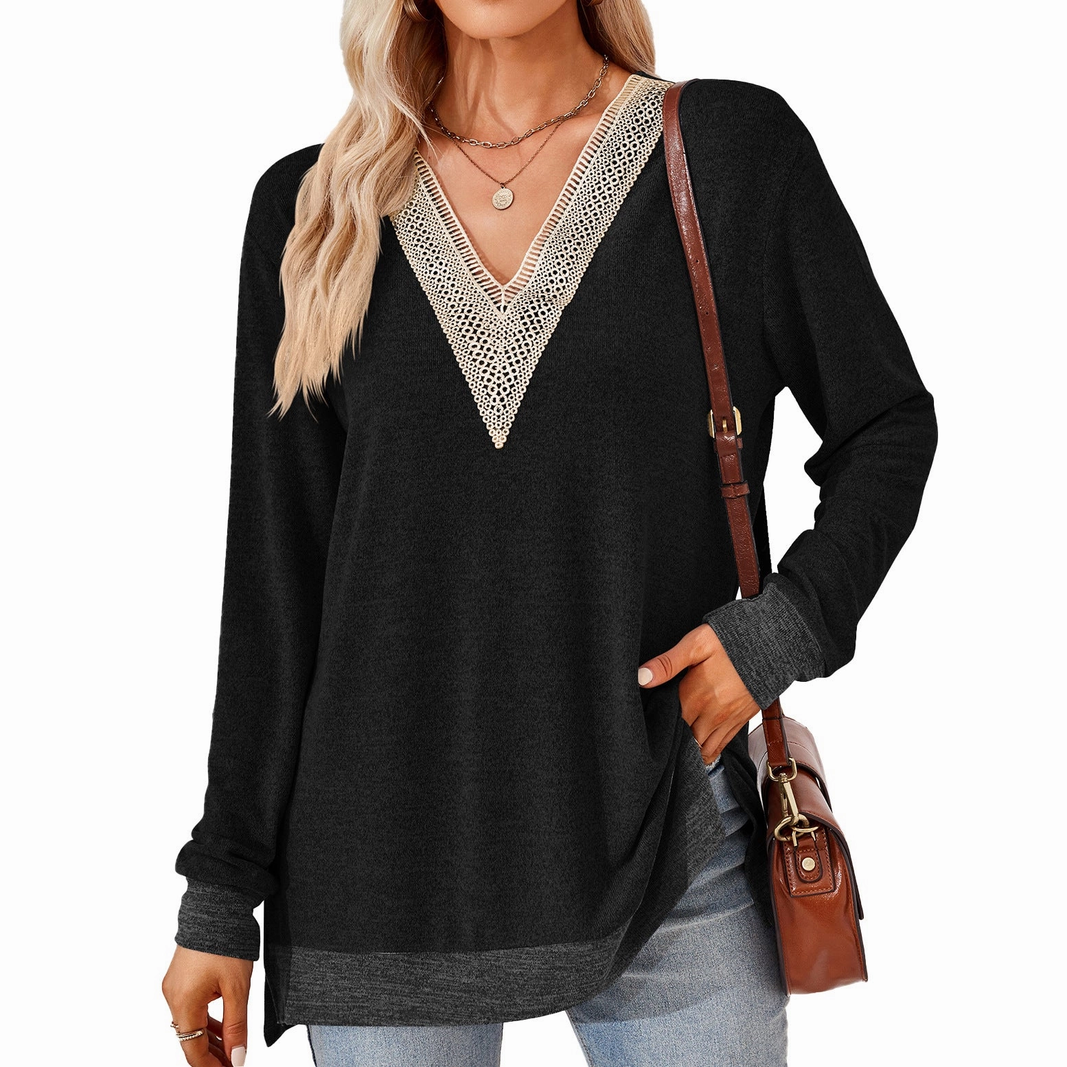 Fashionable Pick Cooling Core Technology Women's Fashion V-neck Lace Solid Color Loose-fitting T-shirt Top