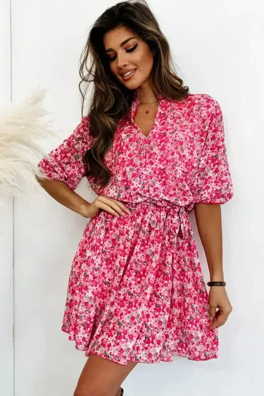 Rose Ditsy Floral Belted Dress Street Fest Sporty Jacket