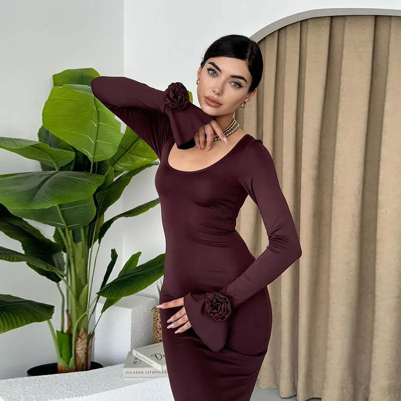 Round Neck Rose Long Sleeve Dress Women Trendy Fit Look Smart Silhouette