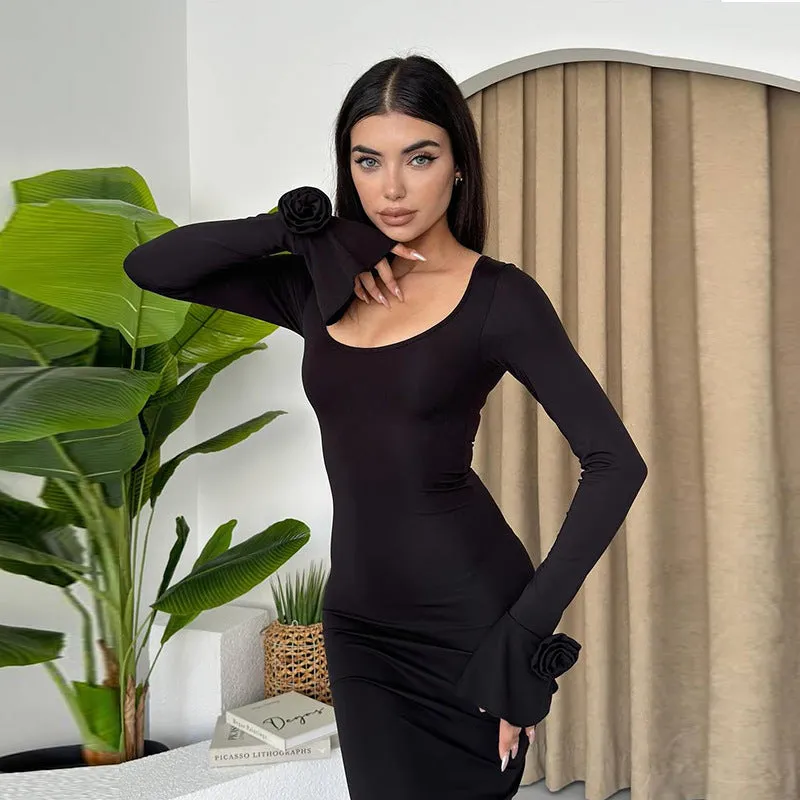 Soft and Light Round Neck Rose Long Sleeve Dress Women