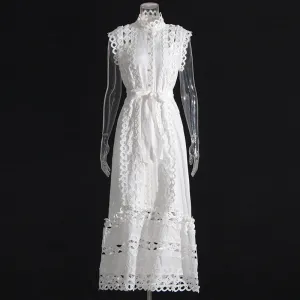 Round Neck Sleeveless Hollow Out See-through Design Solid Color Long Dress Women Front Ruffle Classic Flow