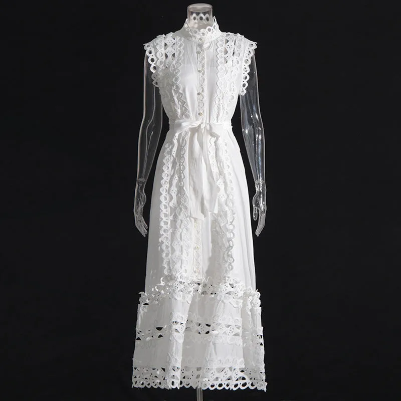 Round Neck Sleeveless Hollow Out See-through Design Solid Color Long Dress Women Smart Layer Wear Skin Tone