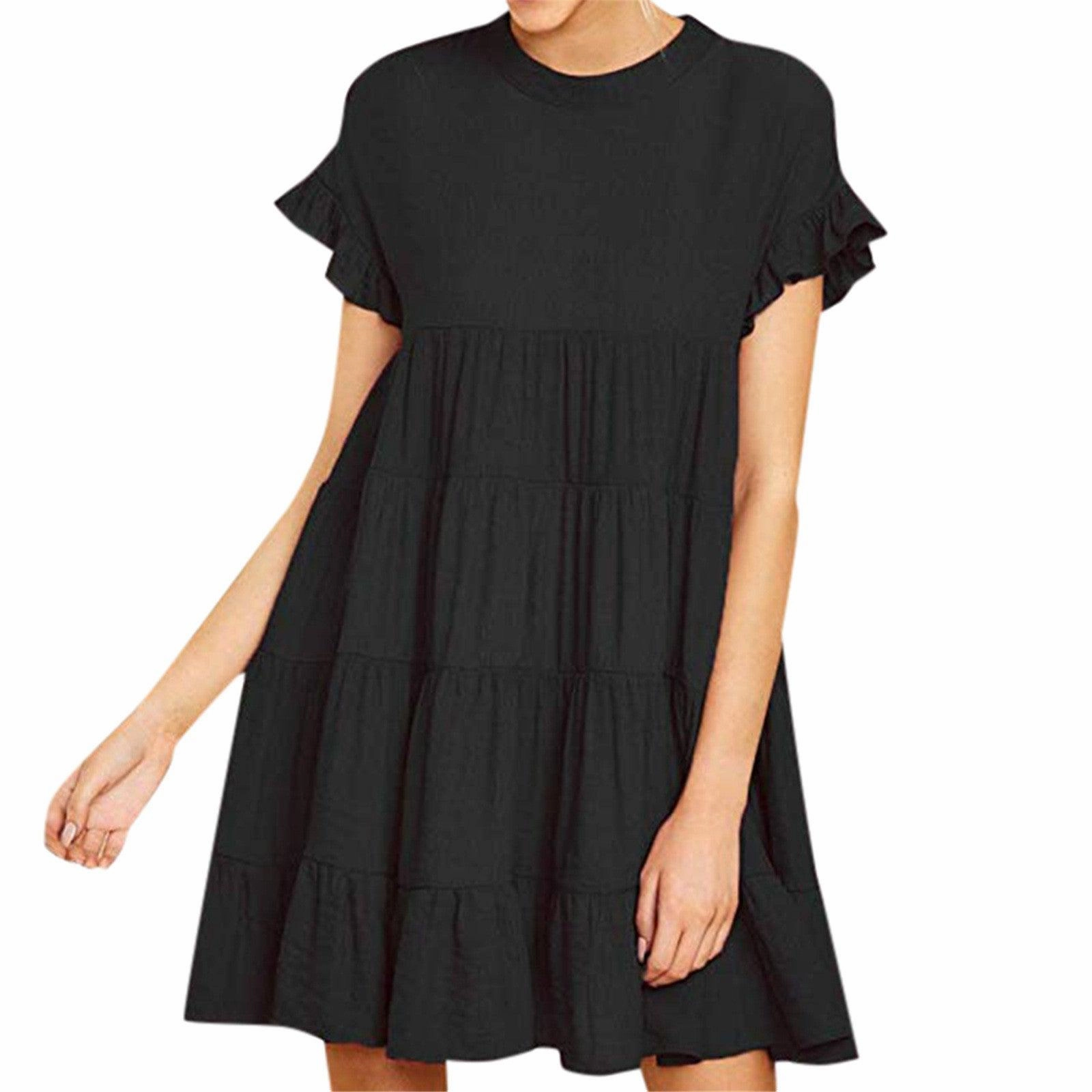 Round neck short sleeve pleated stitching big dress Confident Mood