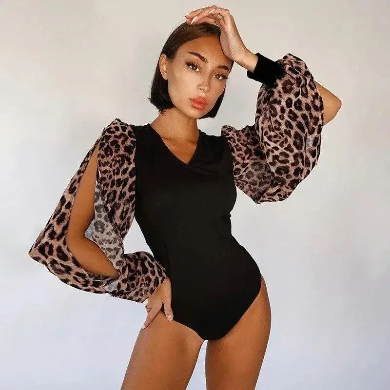 Fashionable Look Quiet Charm Leopard Lantern Bodysuit