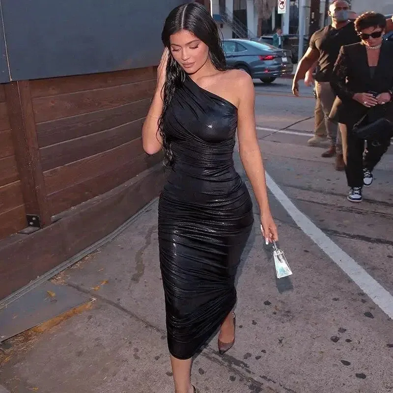 Ruched Pencil Leather Dress Hygienic Finish Smart Look