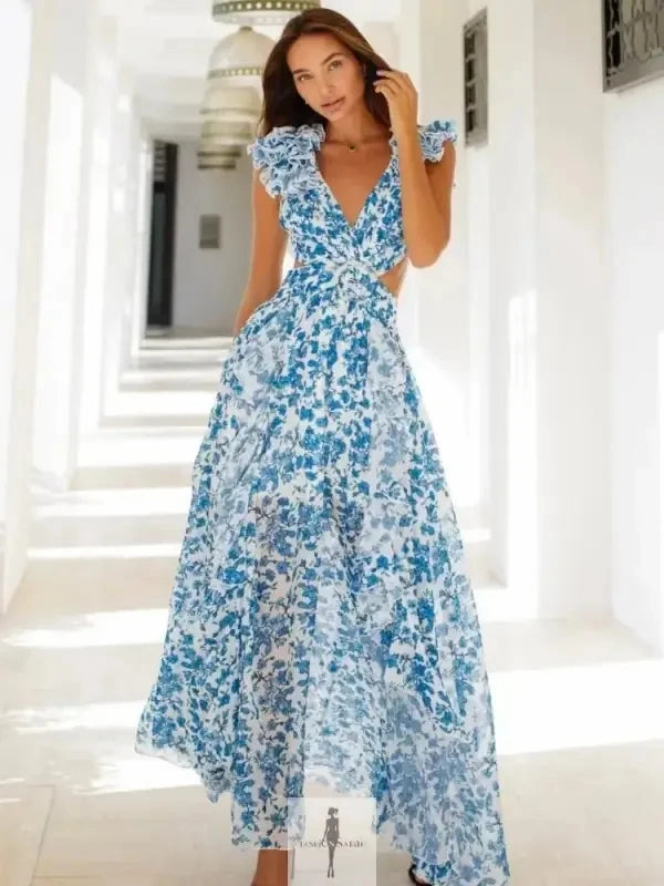 packable Compact Design Ruffle Floral Split Long Dress