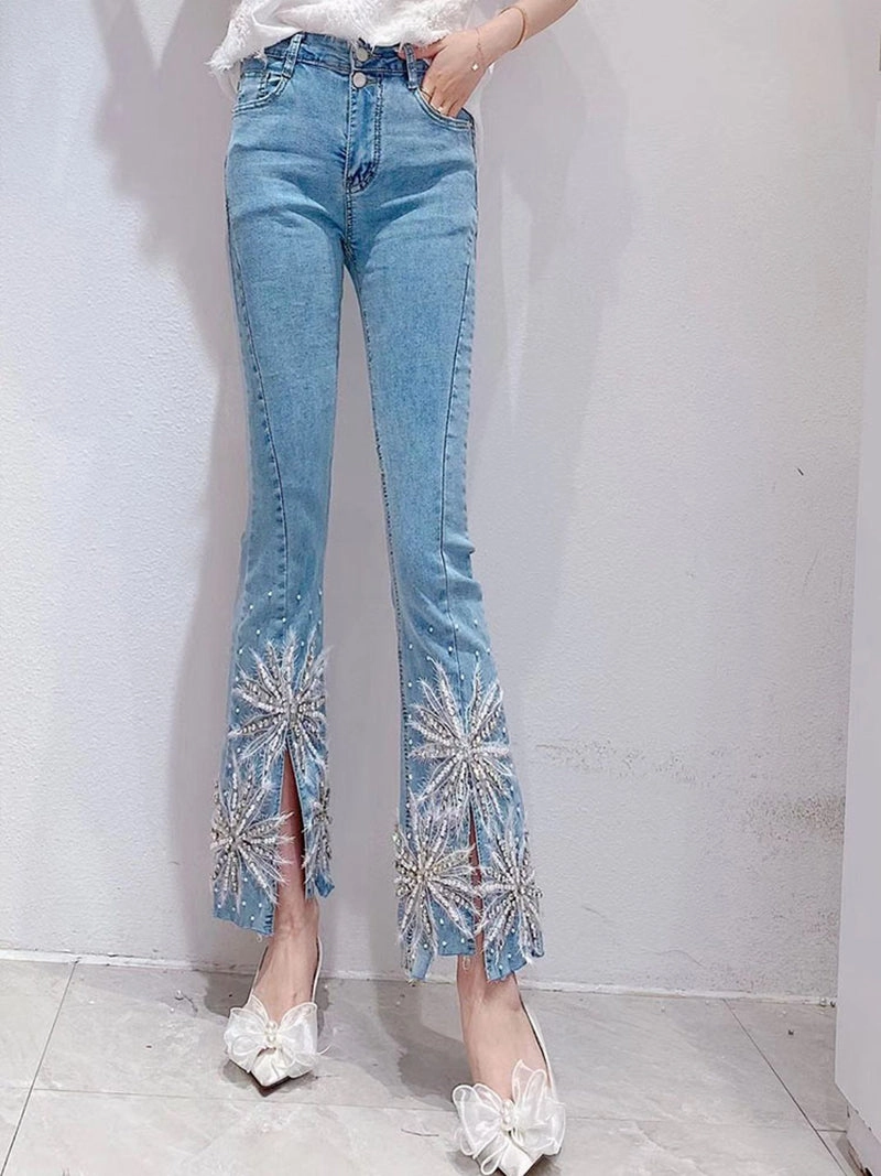 Women's Heavy Industry Beaded Diamond Slit Jeans Casual Friday Classic