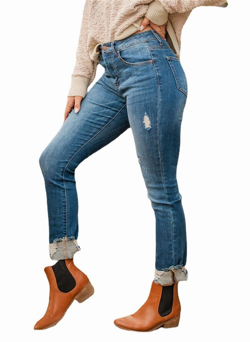 Textured Party Look Soft Temperature Regulating Fabric Slim Fit And Torn Blue Jeans For Women
