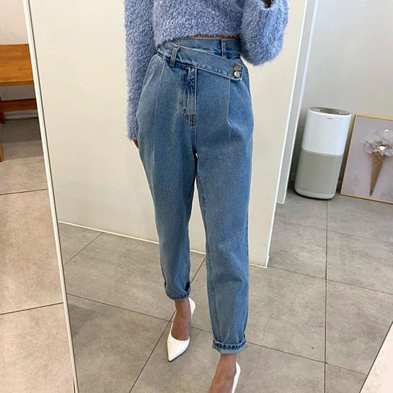 Retro High Waist Irregular Buckle Loose Casual Jeans Refined Detail Odor Control Treatment