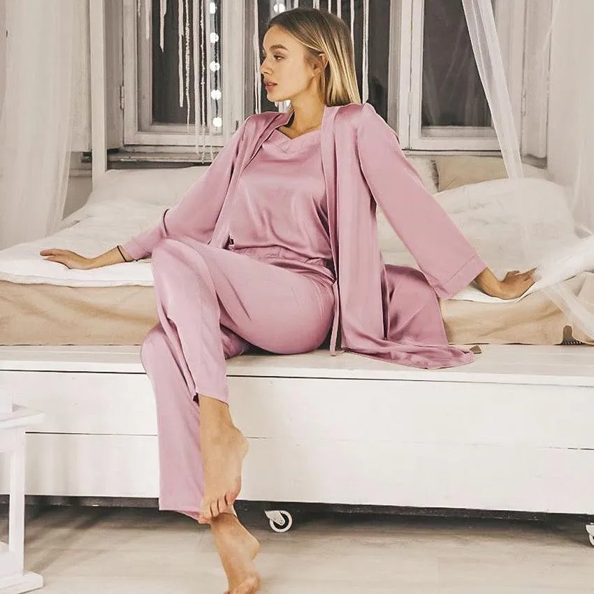 Minimal Comfort Satin Pink Simple Pajamas Suit Women Night Gown Pajamas Simulation Silk Home Service
