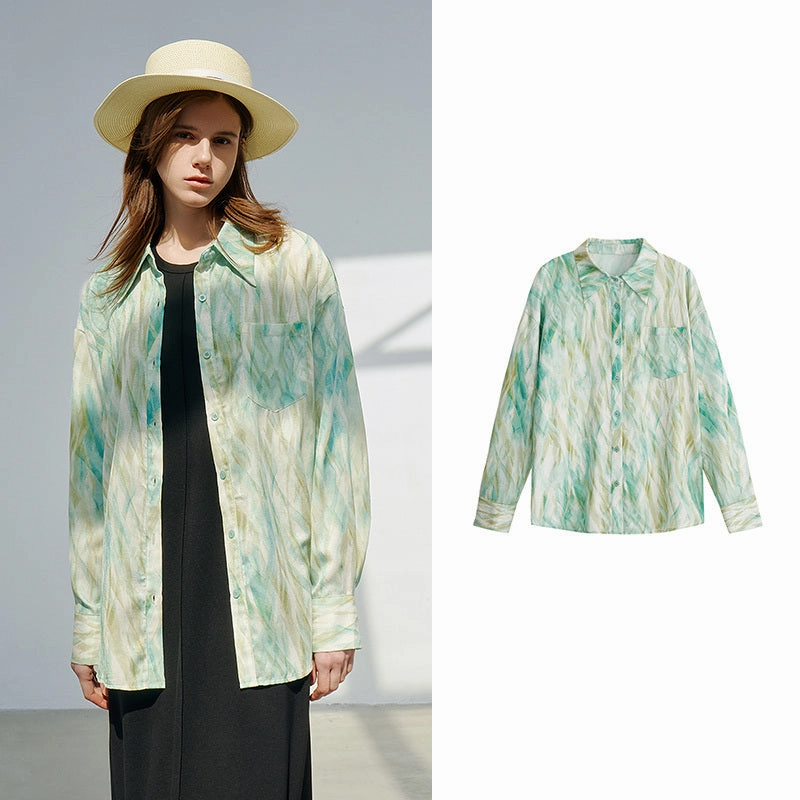 Work From Home Satin Print Long Sleeve Fashion Blouse for Women