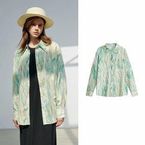 Geometric Shape Satin Print Long Sleeve Fashion Blouse for Women