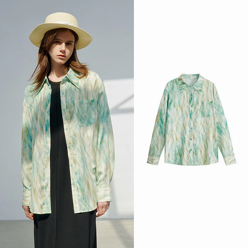 Anti Cling Fabric Satin Print Long Sleeve Fashion Blouse for Women