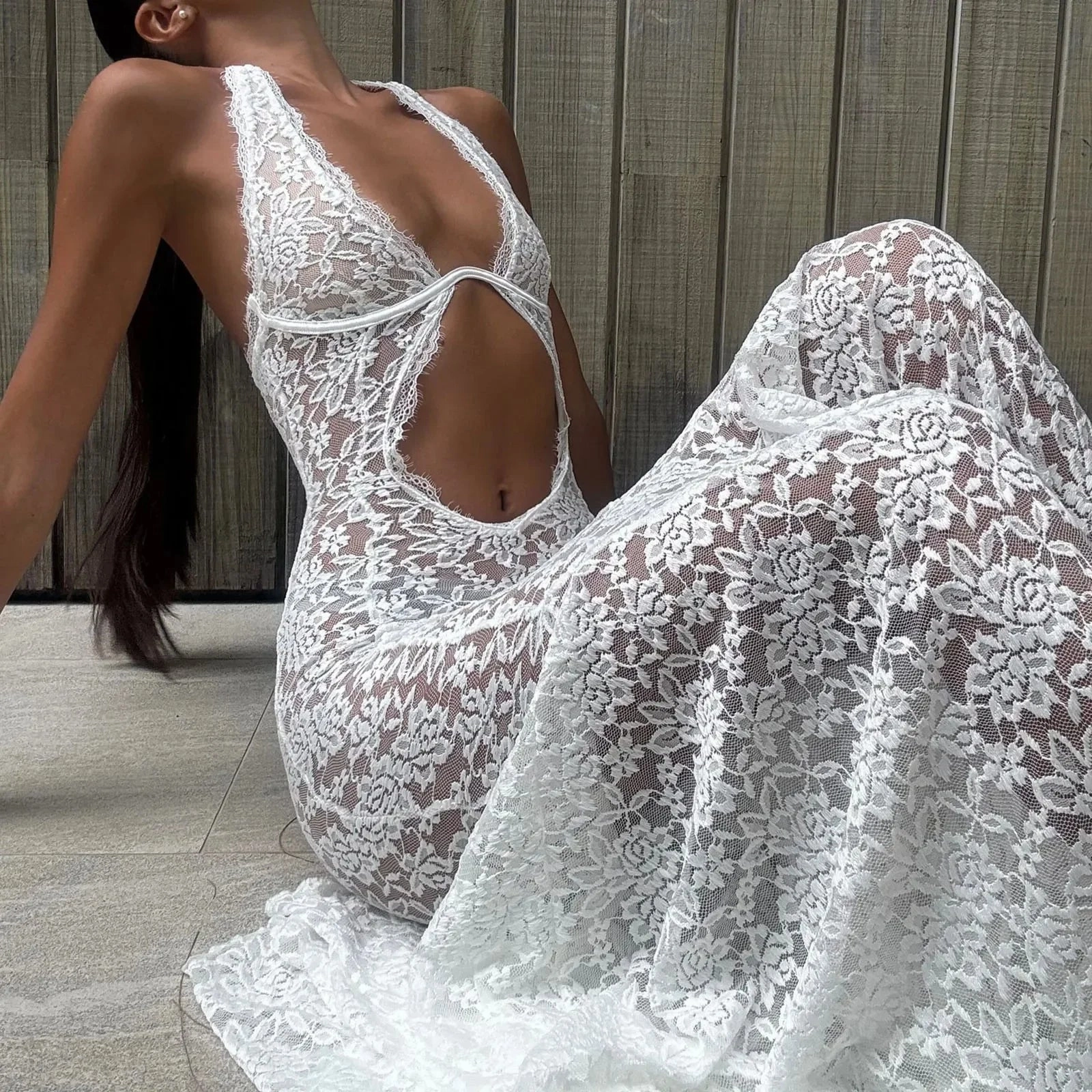 White Mesh Lace Maxi Dress Full Coverage Back Sunshine Style