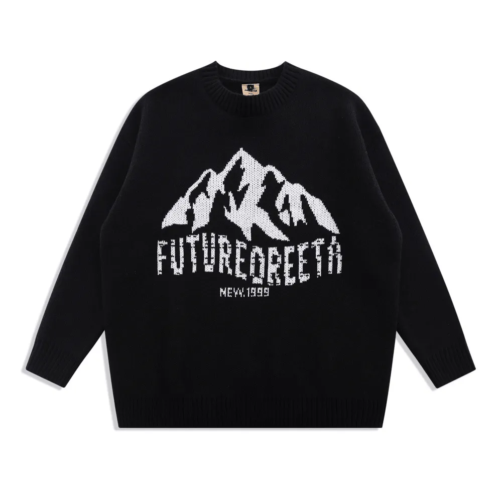 Snow Mountain Letter Jacquard Knit Men'S Street Trend Loose round Neck Sweater Breathable Waist Sport Performance Fit