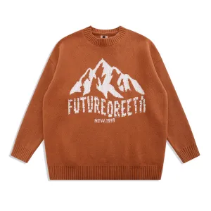 Snow Mountain Letter Jacquard Knit Men'S Street Trend Loose round Neck Sweater Recycled Yarn Sophisticated Look