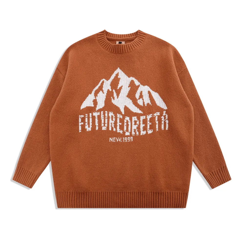 Snow Mountain Letter Jacquard Knit Men'S Street Trend Loose round Neck Sweater Recycled Yarn Sophisticated Look